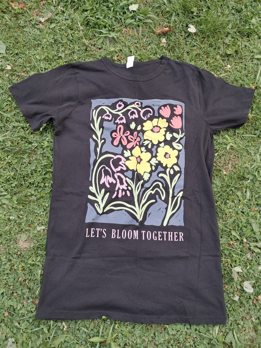 Let's Bloom Together Floral Graphic Tee - Black with Pastel Flowers